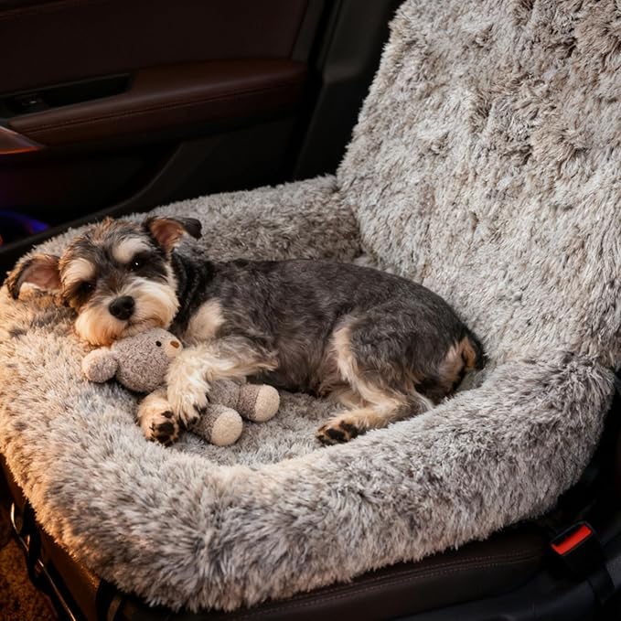 Generic Dog Car Seat for Dogs,Fluffy Pet Seat with Detachable Washable Cushion, Portable Travel-Safe Bed for Cars with Safety Belts (Grey, 72X60cm)