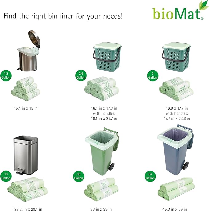 bioMat 64 Gallon Compostable Trash Bags, 10 Count, Extra Large Kitchen Compost bags for Food Waste, BPI ASTM D6400 Certified Kitchen Food Scrap Waste Bags