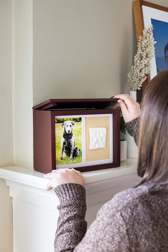 Pearhead Pet Photo Memory Box and Impression Kit for Dog or Cat Paw Print, Clay Paw Print Urn, Pet Memorial, Espresso