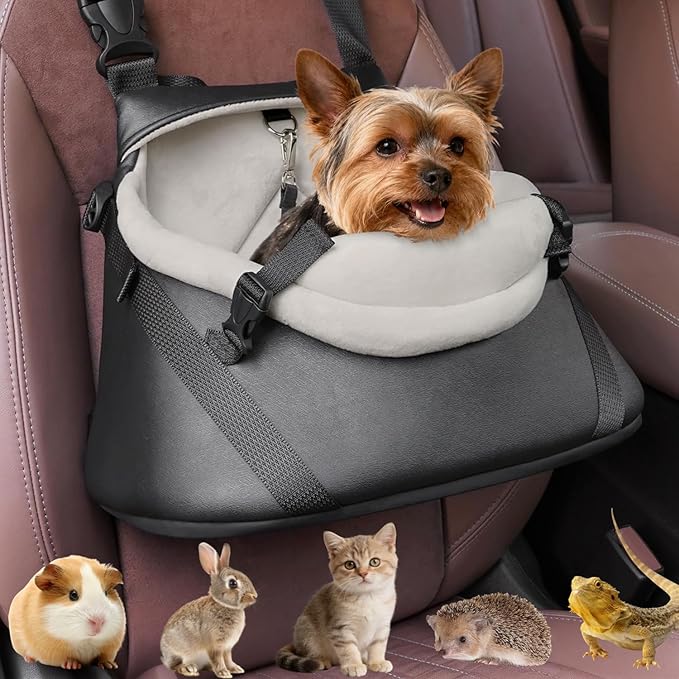 WOYYHO 1-7 lbs Tiny Dog Car Seat for Teacup Yorkie Luxury PU Leather Dog Booster Seat for Small Animals Cats Bunny Lizard Guinea Pigs with Safety Belt, Soft Flannel Lining, Adjustable Height