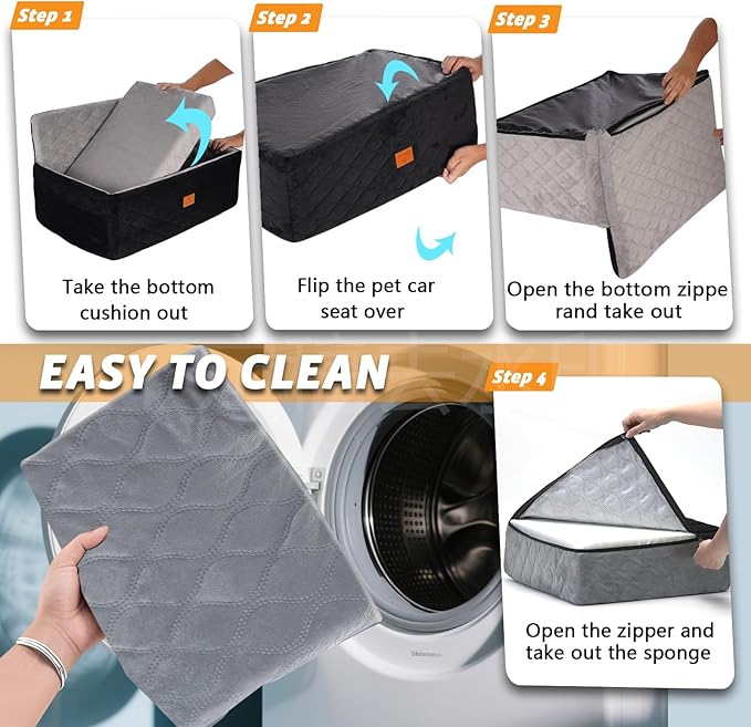 Dog Car Seat for Small/Medium Dog/Cat up to 60 lbs Memory Foam Pet Booster Seat with Detachable Washable Cover Travel-Safe Car Bed with Safety Belt/Storage Pockets Easy to Install