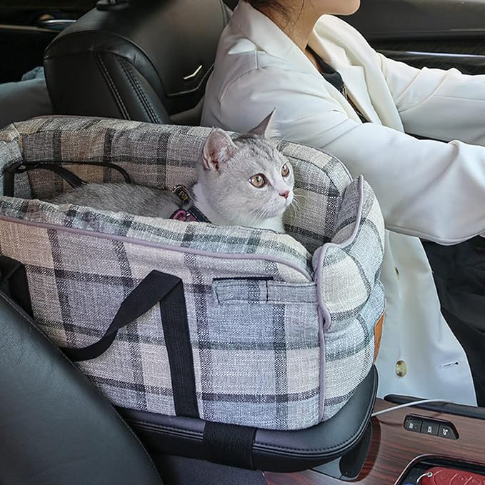 Dog Car Seat Pet Booster Seat ON Car Armrest Perfect for Small Pets, Interactive Dog Console Car Seat,Pet Travel Safety Car Seat,Portable Dog Car Travel Carrier Bed with Safety Buckle