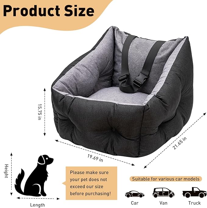ETIAL Dog Booster Car Seat Medium Sized Dog, Anti-Slip Dog Travel Carrier Bed with Chunky seat and Clip-on Dog Safety Leash, Detachable Washable, Warm Soft Elevated Pet Car Seat Under 30lbs (Black)
