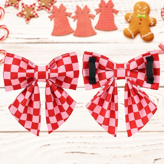 Red and Pink Plaid Dog Collarwith Bow Tie– Adjustable Red & Pink Checkered Dog Collar for Small Medium Large Dogs, Soft Xmas Plaid Puppy Collars with Quick Release Buckle L