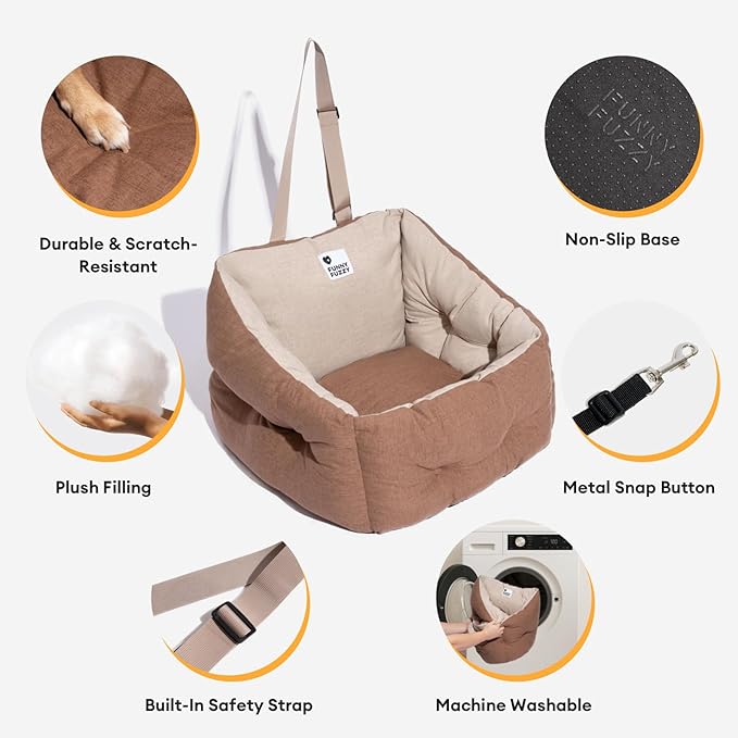 FUNNY FUZZY Dog Car Booster Seat for Small/Medium Dogs Up to 39lbs – Waterproof Fabric, Non-Slip Base, Safety Leash, Fully Detachable & Machine Washable Cover (Brown)