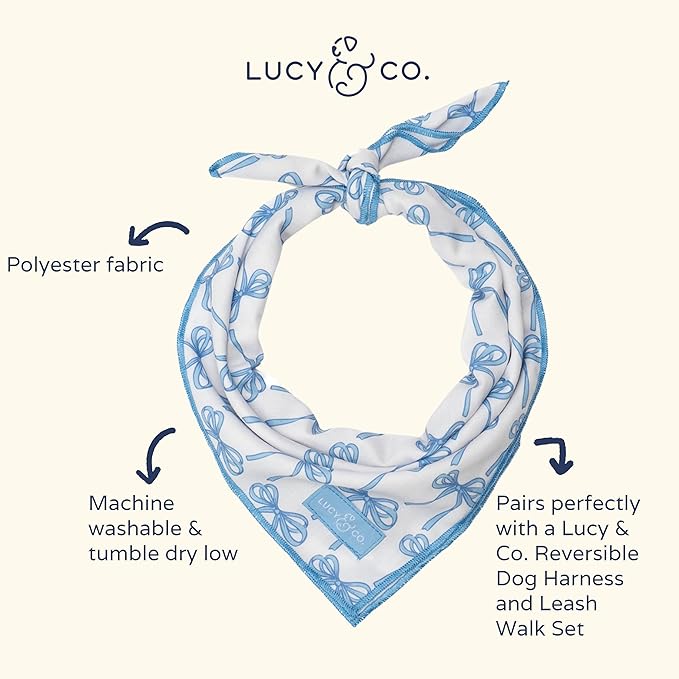 Lucy & Co. Bowwow Wow! Bandana -Designer Puppy Accessory. 100% Polyester. Soft, Stylish and Appropriate for Any Occasion. Machine Washable (Blue Bows)
