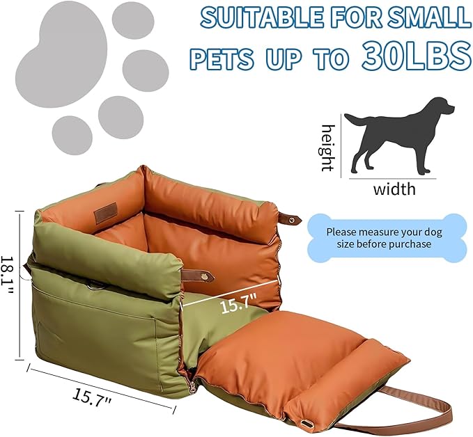 Dog Booster Car Seat, Waterproof PU Leather Upholstered Cat Bed for Car with Storage Pockets, Portable Pet Seat, Bite-Resistant, Perfect for Travel and Home