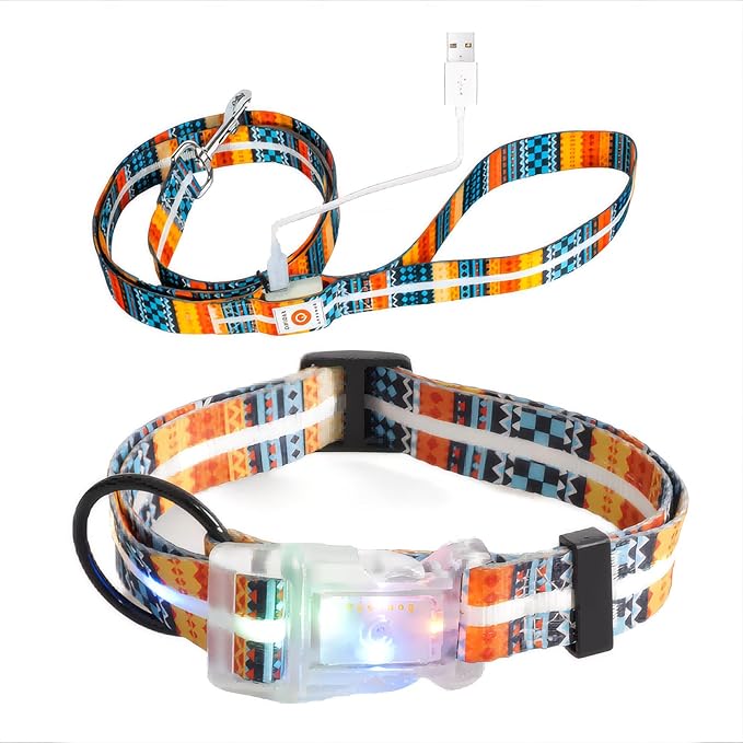 Light Up Dog Collar+LED Dog Leash,Rechargeable Waterproof LED Dog Collar Set,1.5m,3 Lighting Modes for Medium Large Dogs Walking at Night(1.5m Leash+10-25in Collar Can be Crop)