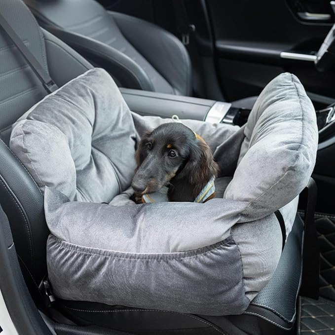 Pet Car Booster Seat for Small Dogs up to 25 lbs with Safety Straps, Storage Pockets, Travel Carrier Bed with Detachable Cover, Machine Washable (Gray)