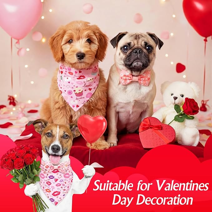 Sanwuta 100 Pcs Valentine's Day Dog Bandanas Bulk and Collar Bow Flower Ties Set 50 Valentine Bandanas 50 Heart Love Dog Collar Pet Triangle Pet Scarf Bowtie for Small Medium Large Costume Outfit