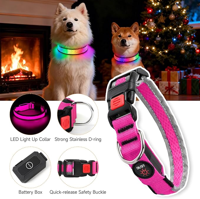 LED Dog Collar, Light Up Dog Collar USB Rechargeable, Nylon Adjustable Comfortable Soft Bright RGB 7 Colors Changeing Safety Light Glowing Collar for Medium and Large Dogs(Medium,Pink)