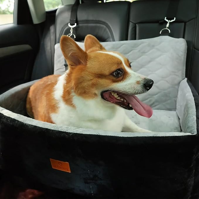Dog Car Seat for Small/Medium Dog/Cat up to 60 lbs Memory Foam Pet Booster Seat with Detachable Washable Cover Travel-Safe Car Bed with Safety Belt/Storage Pockets Easy to Install