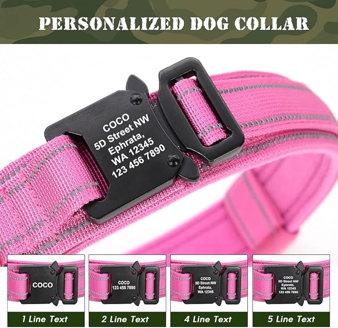 Military Tactical Pet Dog Collar Personalized Custom Nylon Reflective Small Medium Large Dog Collars Engraved ID Name Adjustable Pink XL