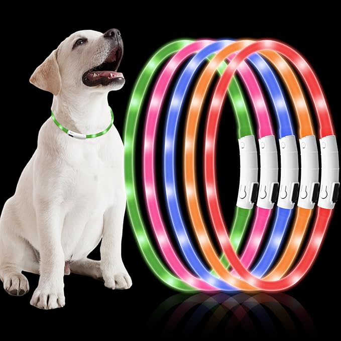 Weewooday 5 Pcs Light Up Dog Collars LED Rechargeable USB Dog Collar for Night Walking Lighted Glow in The Dark Adjustable Silicone Safety Necklaces with 3 Flashing Modes for Small Medium Large Puppy