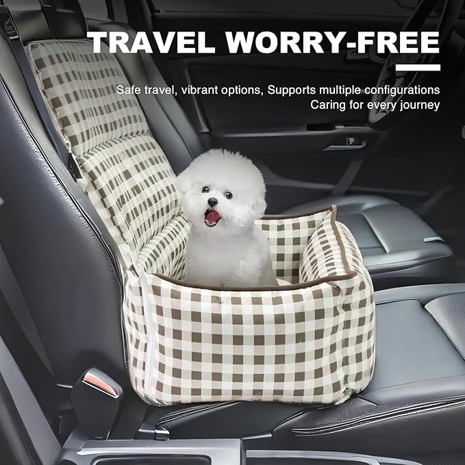 Pet Car Booster Seat for Small Dogs & Cats up to 25 lbs – Plaid Travel Seat with Safety Leash, Adjustable Straps, Non-Slip Base, 2-in-1 Convertible Bed, Detachable & Washable (Brown Plaid)
