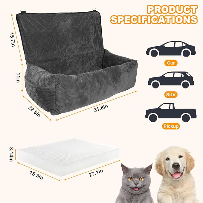 Dog Car Seat for Large Dogs - Car Seat 2 Small Dogs Pet Travel Car Seat Dog Bed Fully Detachable and Washable with Thicken Waterproof Cushion, Adjustable Seat Belt Pet Car Seat with Storage Pockets