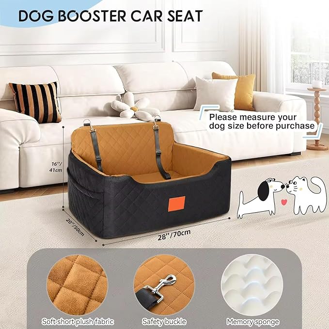 Quilted Pet Car Seat Booster, (Black and Tan) Washable Dog Car Seat with Safety Leash, Elevated Travel Carrier for Small to Medium Dogs