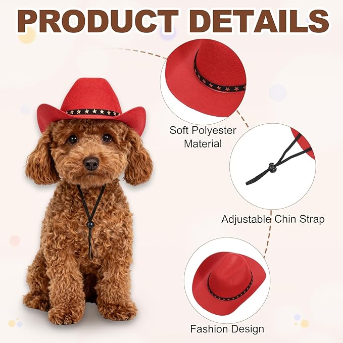 Dog Cowboy Hat, Mini Cowboy Hat for Pet with Chin Strap Adjustable Cosplay Cap, (Red, S), Intended for Dogs and Cats/Halloween Costume/Party Decoration