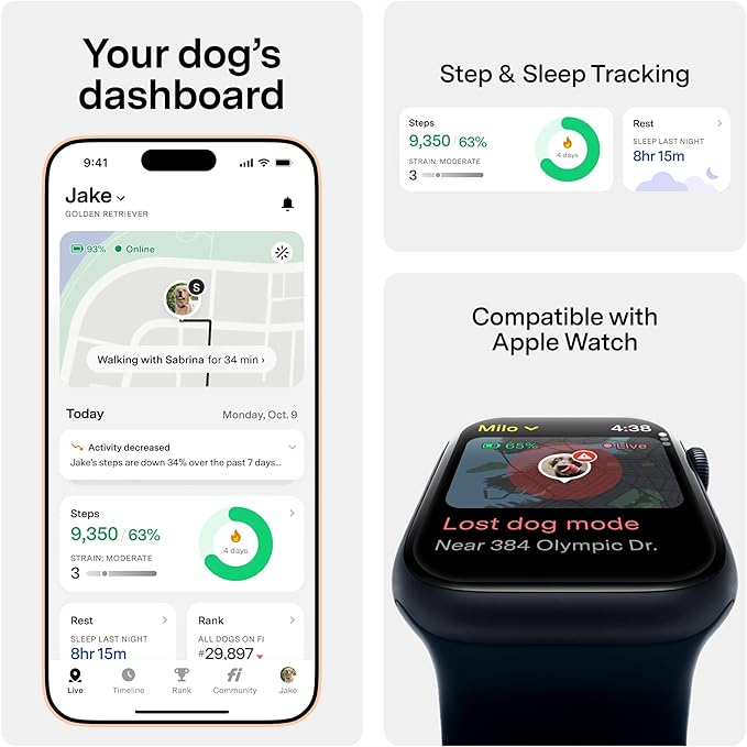New Fi Series 3+ Smart Dog Tracker Collar [12 Month Membership Included] GPS Tracker for Dogs with Health & Behavior Monitoring, Escape Alerts, Waterproof, LED, Apple Watch Compatible (Blue, Large)