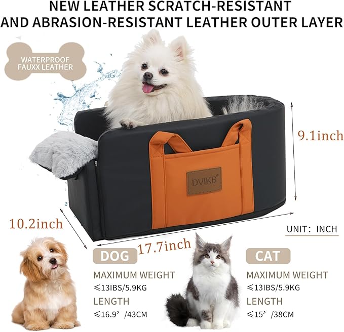 Center Console Dog Car Seat - Small Pet Car Seat for Puppies and Cats with Storage Pocket and Leash, Leather Waterproof Small Dog Seat with Portable Travel Shoulder Strap