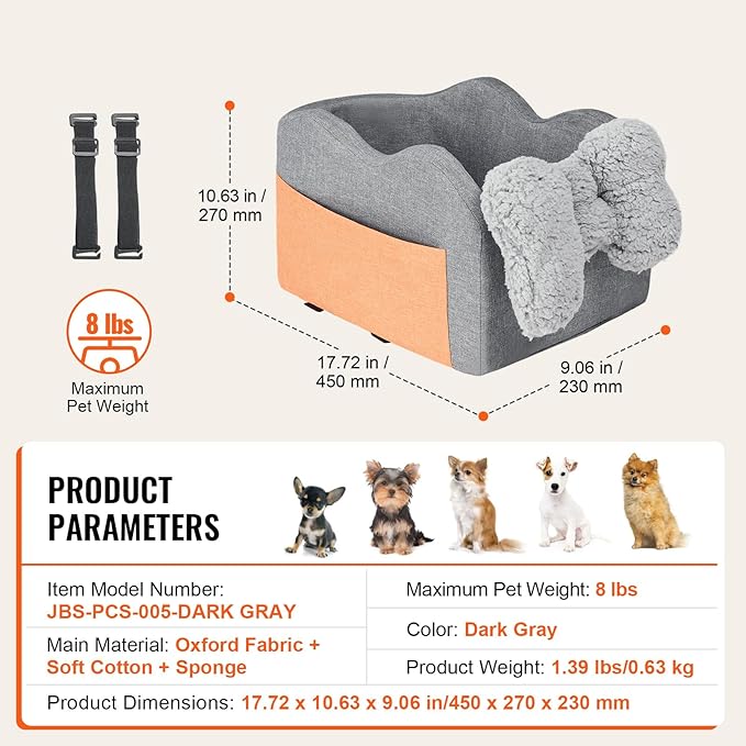 Happybuy Console Dog Car Seat, Center Console Dog Booster Seat for Small Dog, Pet Car Seat for Car Armrest with Clip-On Leash, Adjustable Straps, Supports up to 8lbs, Dark Gray