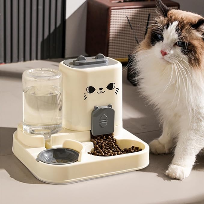 2 in 1 Automatic Pet Feeder and Water Dispenser with 1800ml Food Capacity, 800ml Water Container for Cats and Small Dogs, Travel Feeding Station- Gray