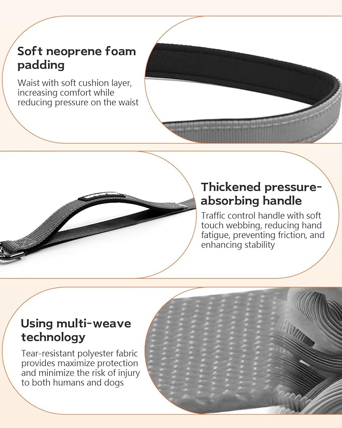 Hands Free Dog Leash, Multifunctional Crossbody Heavy Duty Dog Leash, 9.5 ft Long Waist Belt with Car Safety Buckle for Medium and Large Dogs Walking,Jogging,Running,Training (Grey 5.9-9.5ft).