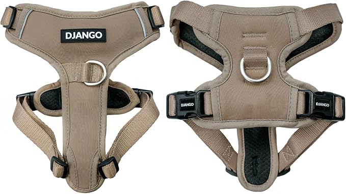 DJANGO Tahoe No Pull Dog Harness – Escape-Proof Dog Harness for Small & Medium with Front & Back Clips for Everyday Use – Adjustable, Padded, Reflective, Secure Fit, Easy On/Off – Sandy Beige, Medium