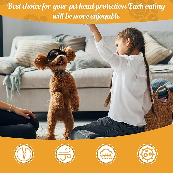 Frienda Dog Helmet and Goggles, UV Protection Doggy Sunglasses and 4 Inch Padded Puppy Motorcycle Helmet Adorable Dog Goggles with Adjustable Belt for Small Dogs Puppy Riding(Black,M)