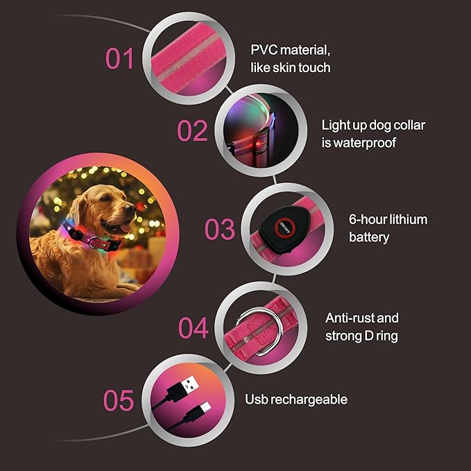 Light up Dog Collars,LED Dog Collar Rechargeable,Glow in Dark Dog Lights for Walking at Night for Small Medium, Large Dogs (Pink)