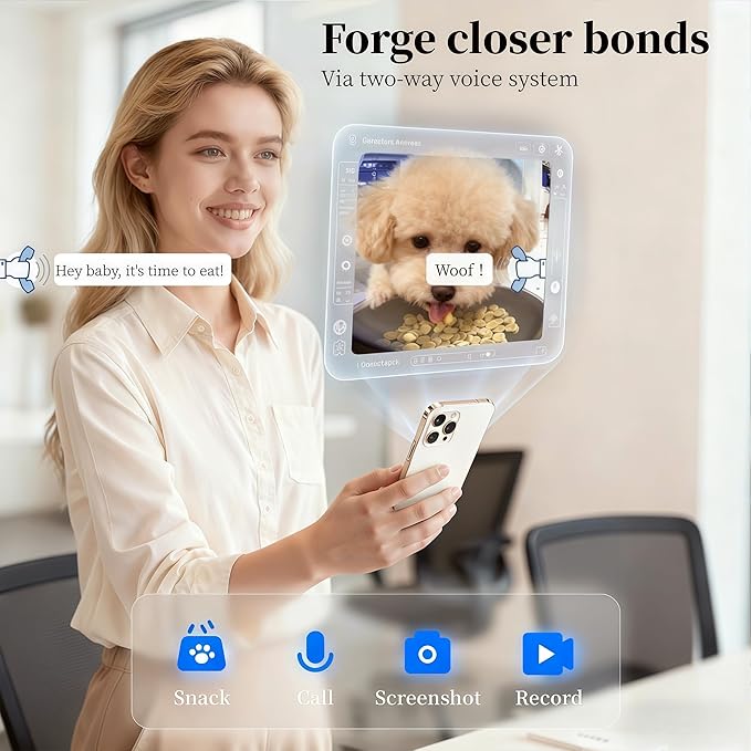Automatic Dog Feeder with Camera, 1080P HD Video with Night Vision, Scheduled Automatic Pet Feeder, Separated Design Wide Grain Path with 2-Way Audio ＆ Feeding Call Function for Small Dog & Cat