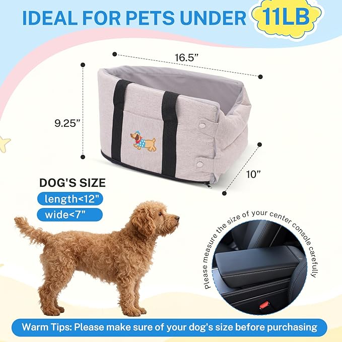 Cozy Center Console Dog Car Seat for Small Dogs - Portable Pet Car Seat with Safety Belt, Soft Cushion & Cooling Mat & Non-Slip Base, Perfect for Pets Under 11 lbs (Beige with Dachshund Pattern)