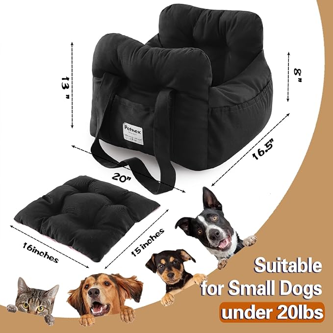 Dog Car Seat for Small Dogs, Portable Puppy Car Seat of Easy Installation, Fashionable Pet Carrier Bag with Large Pockets, Machine Washable Dog Booster Seat (Black)