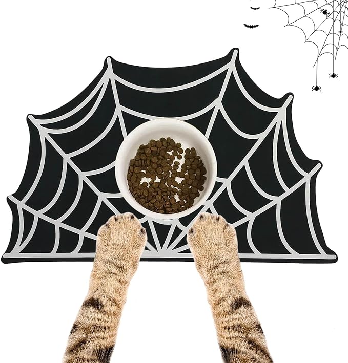 Halloween Pet Mat for Food and Water, Pet Feeding Mat for Dog Cat Bowl Absorbent Anti-Stain Non-Slip Quick Dry Easy Clean Floor Placemat, Pets Accessories Indoor (Spider Web)