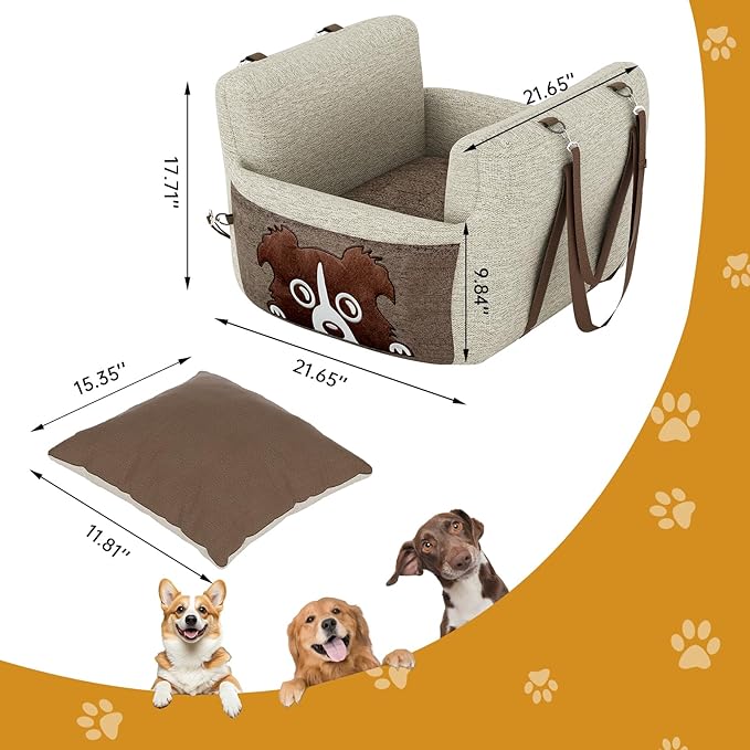 Dog Car Seat for Small Dogs,Waterproof Dog Booster Car Seat with Storage Pockets,Pet Carseat Puppy Travel Carrier Bed,Thickened Memory Foam Filling, Beige & Brown