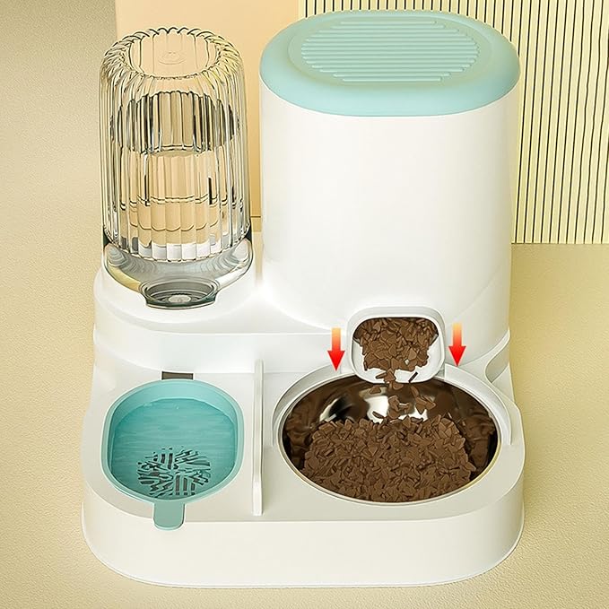 Automatic Dog Feeder and Water Dispenser Food Feed Compact Portable Feeding Station Automatic Pet Feeder Dog Bowl for Puppy, Blue