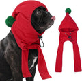 DENTRUN Dog Hood with Scarf - Warm Fleece Ear Cover for Medium Dogs, Adjustable Christmas Outfit with Pom Pom, Red (M:10-13" Head Girth)