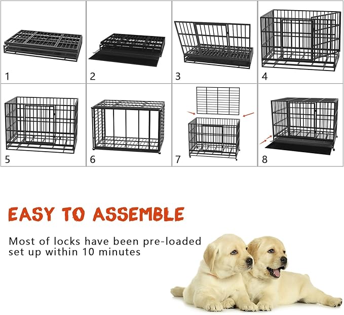 LEMBERI 48/42/38 Inch Heavy Duty Indestructible Dog Crate, Escape Proof Double Door Dog Kennel with Lockable Wheels, High Anxiety Extra Large Dog Cage Indoor Use, with Removable Tray