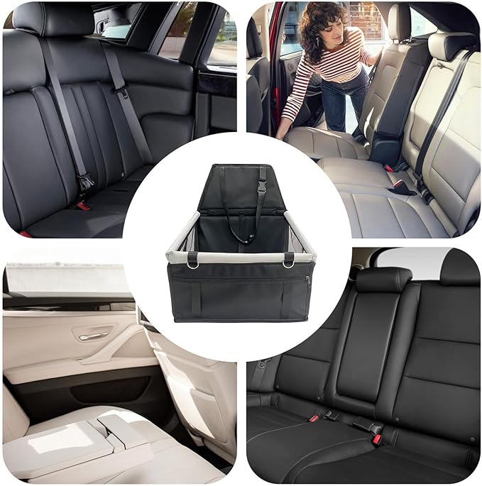 Waterproof Carrier Bed - Puppy Travel Seat, Dog Car Booster | Adjustable Buckle Harness Crate, Storage Pocket Basket, Removable Cushion with Driving Scenario