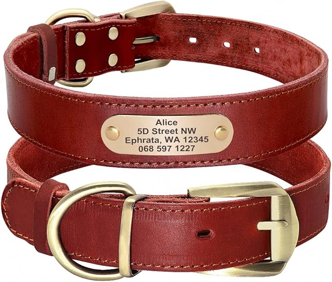 Custom Leather Dog Collar for Small Medium Large Dogs Pitbull Personalized Fashion Genuine Leather ID Collar with Name Plate Red Brown XL