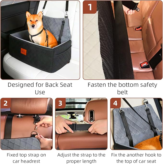 MCY Dog Car Seat for Large Medium Dogs, Dog Booster Seat with Thick Cushion, Portable Washable Pet Under 55 lbs, 2 Safety Leashes Travel Car Bed, Suitable for Home and Outdoor, Black/Grey