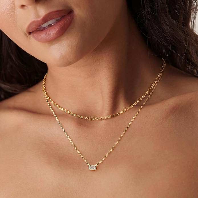 TONTMY STUDIOS Layered Gold Necklace for Women 14K Gold Plated Small Dainty CZ Pendant Layering Gold Necklaces Set Simple Chain Choker Necklace Trendy Jewelry for Women Gifts