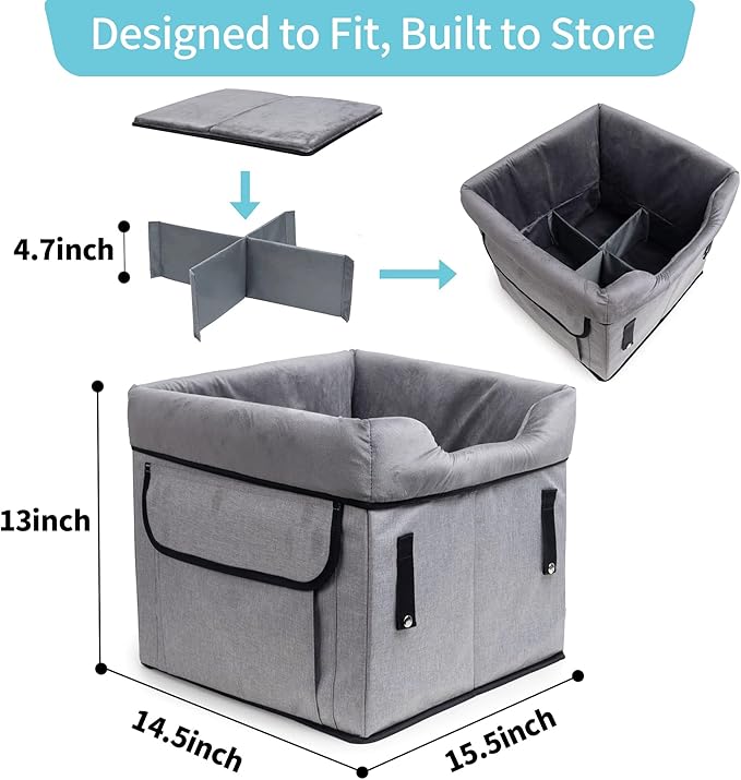 Car Seat for Dogs Small 5-15 lbs | Pet-Friendly Suede | Washable | Easy to Install & Clean | Small Dog Booster Car Seat Elevated | Helps Pups Not Feel Woozy On Rides (16 x 15 x 13 in)