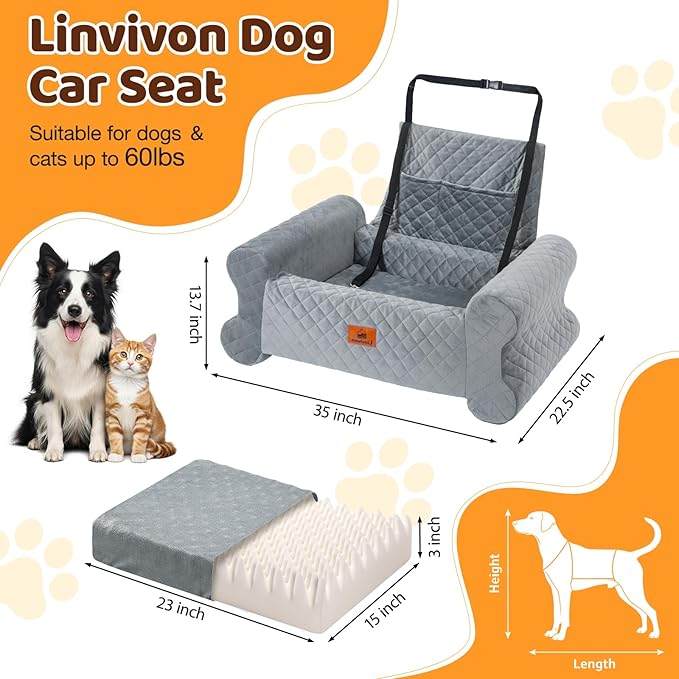 Dog Car Seat for Medium/Large Dogs up to 60 lbs, Memory Foam Dog Booster Seat with Thick Cushion, Pet Car Seat for Back with Detachable Washable Cover, Storage Pockets for SUV, Pick Up, Trunk, Grey