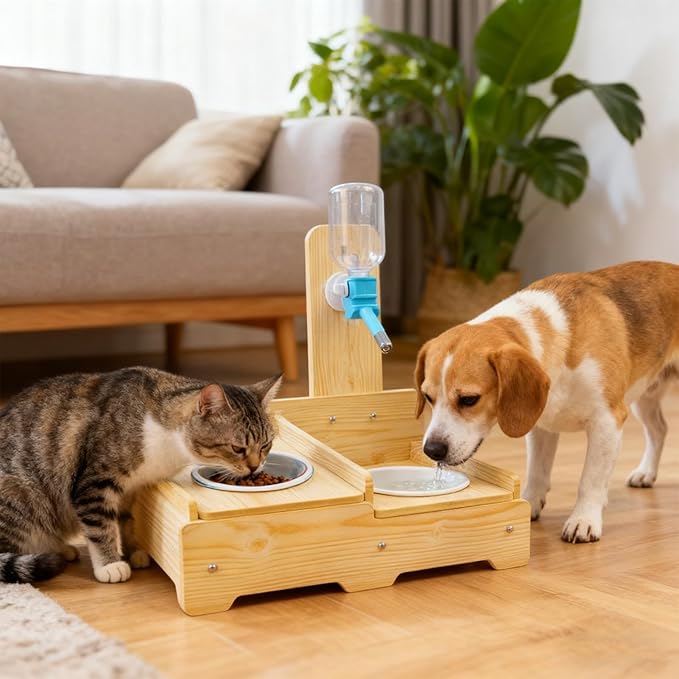 Dog Water Dispenser Wooden – Adjustable Height 2 Bowls, Cat Food Feeder, Puppy Kitten Pet Animal Indoor | Puppy Kitten Pet Animal Indoor Home Living Room Balcony Apartment Outdoor Garden
