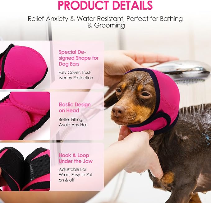 KOESON Dog Calming Hoodie - No Shake Ear Wraps for Dogs, Anxiety Relief & Noise Protection, Water Resistant Pet Ear Cover Muffs for Firework, Grooming, Thunderstorms, Swimming, Bathing, Hot Pink L