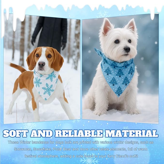 Preboun 100 Pcs Winter Dog Bandanas Bulk Blue Snowflakes Snowmen Bandanas for Dogs Triangle Kerchief Bibs Scarf for Pet Costume Photo Props Accessories Grooming Services Pet Shops Groomers, 25 Styles