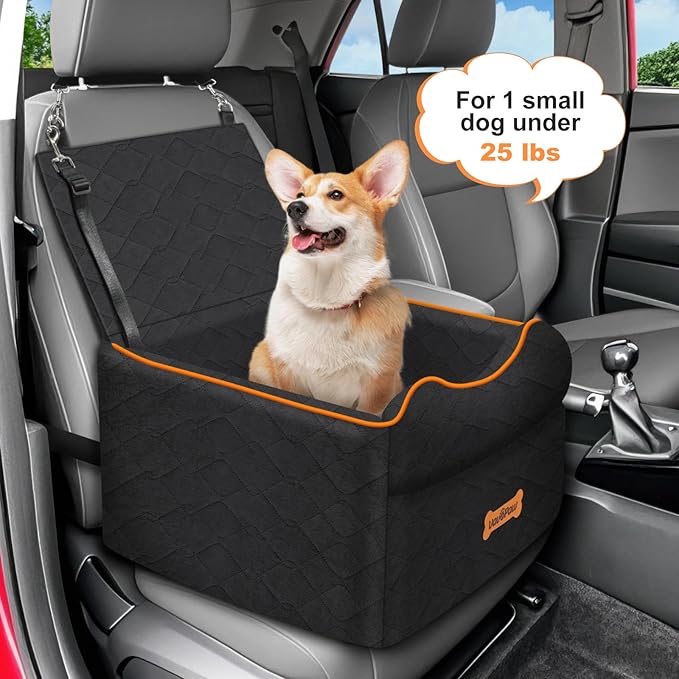 Small Dog Car Seat, Waterproof Dog Booster Seat with Thick Cushion & Safety Leash, Removable Car Back Seat Bed for 1 Small Dogs Under 25lbs, Pet Car Seat for Travel, Black