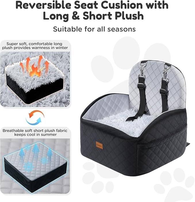 Gimars Reversible Dog Car Seat with Long & Short Plush Seat Cushion for Small/Medium Dogs Up to 40lbs, Detachable Washable Anti-Slip Dog Booster Seat with 5.9'' 28D Egg-Crate Foam, Safety Belt, S