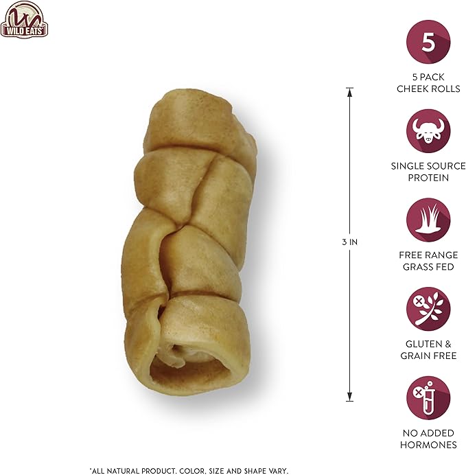 Wild Eats Water Buffalo 3" No-Hide Cheek Roll Dog Chews - 5 Pack (Long Lasting Chews, Treats, Rawhide Free for Aggressive Chewers & Medium Dogs) Pig Ears Alternative, Low Fat, High Protein